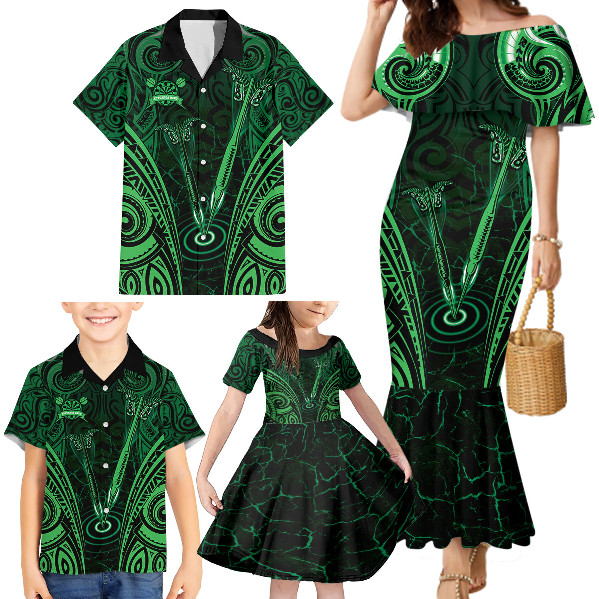 Personalised New Zealand Darts Family Matching Mermaid Dress and Hawaiian Shirt Green Dart Board Maori Pattern