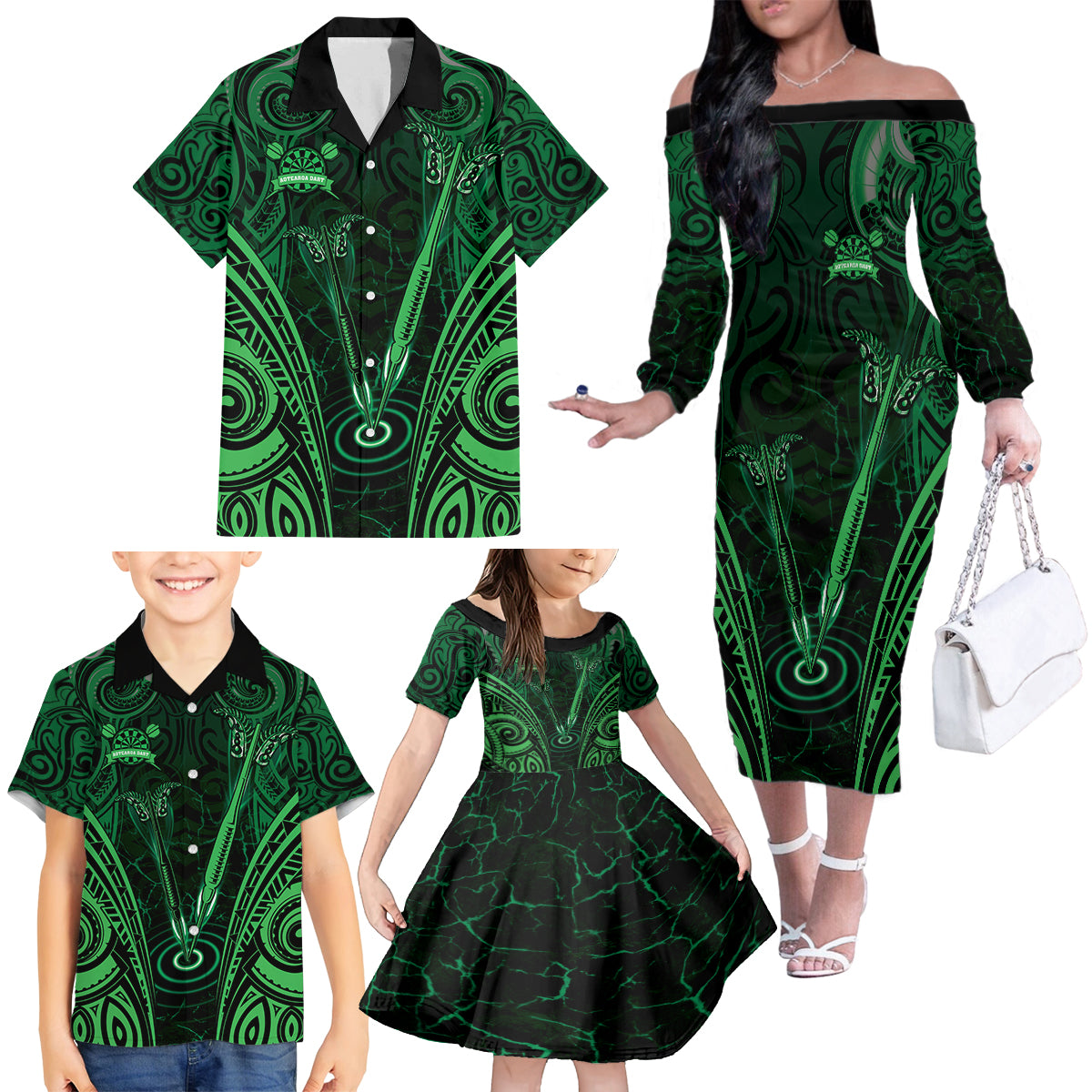 Personalised New Zealand Darts Family Matching Off The Shoulder Long Sleeve Dress and Hawaiian Shirt Green Dart Board Maori Pattern