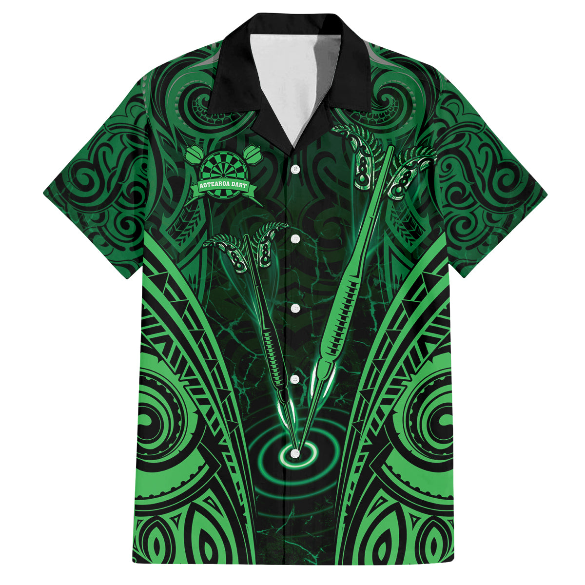 Personalised New Zealand Darts Family Matching Off Shoulder Maxi Dress and Hawaiian Shirt Green Dart Board Maori Pattern LT05 Dad's Shirt - Short Sleeve Green - Polynesian Pride
