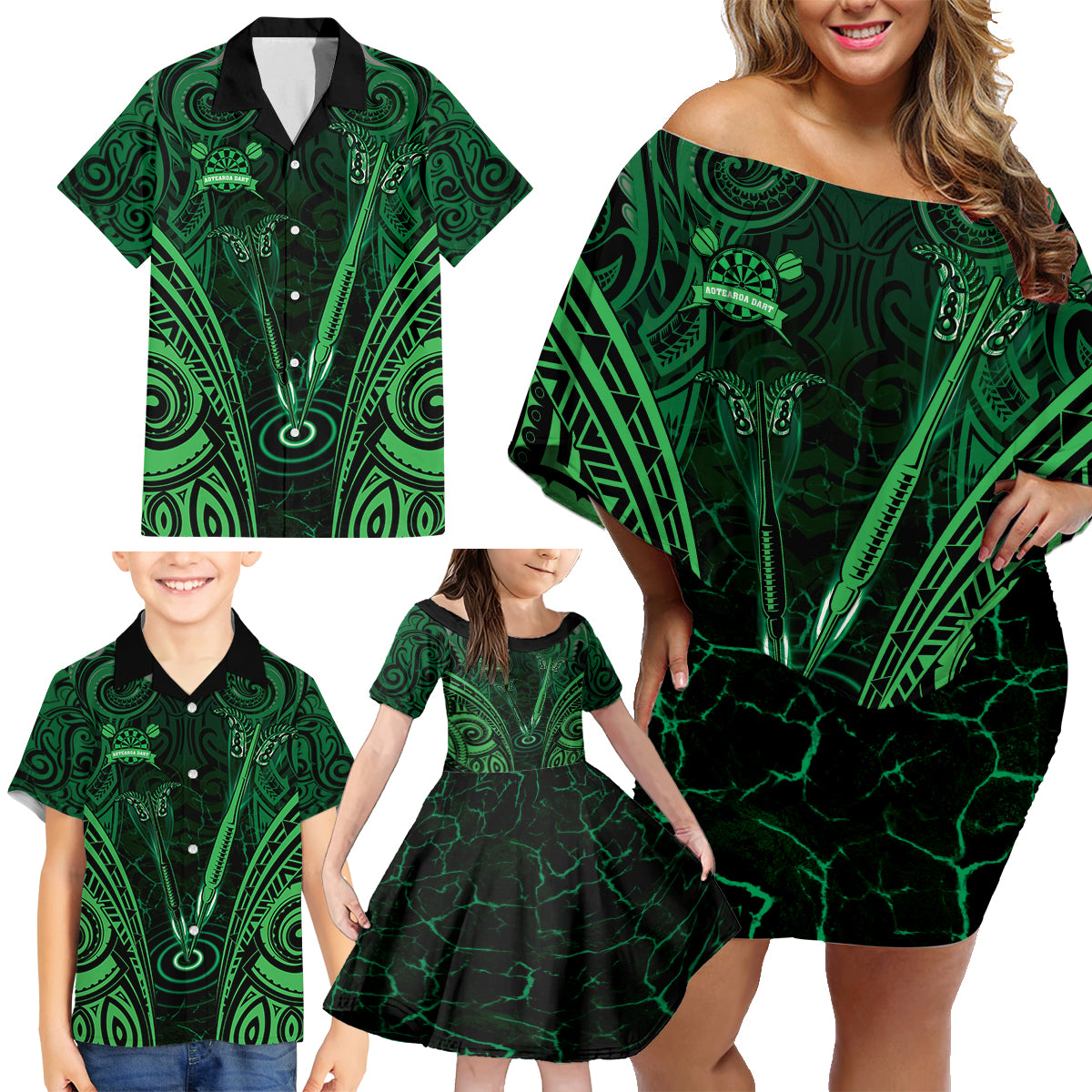 Personalised New Zealand Darts Family Matching Off Shoulder Short Dress and Hawaiian Shirt Green Dart Board Maori Pattern LT05 - Polynesian Pride