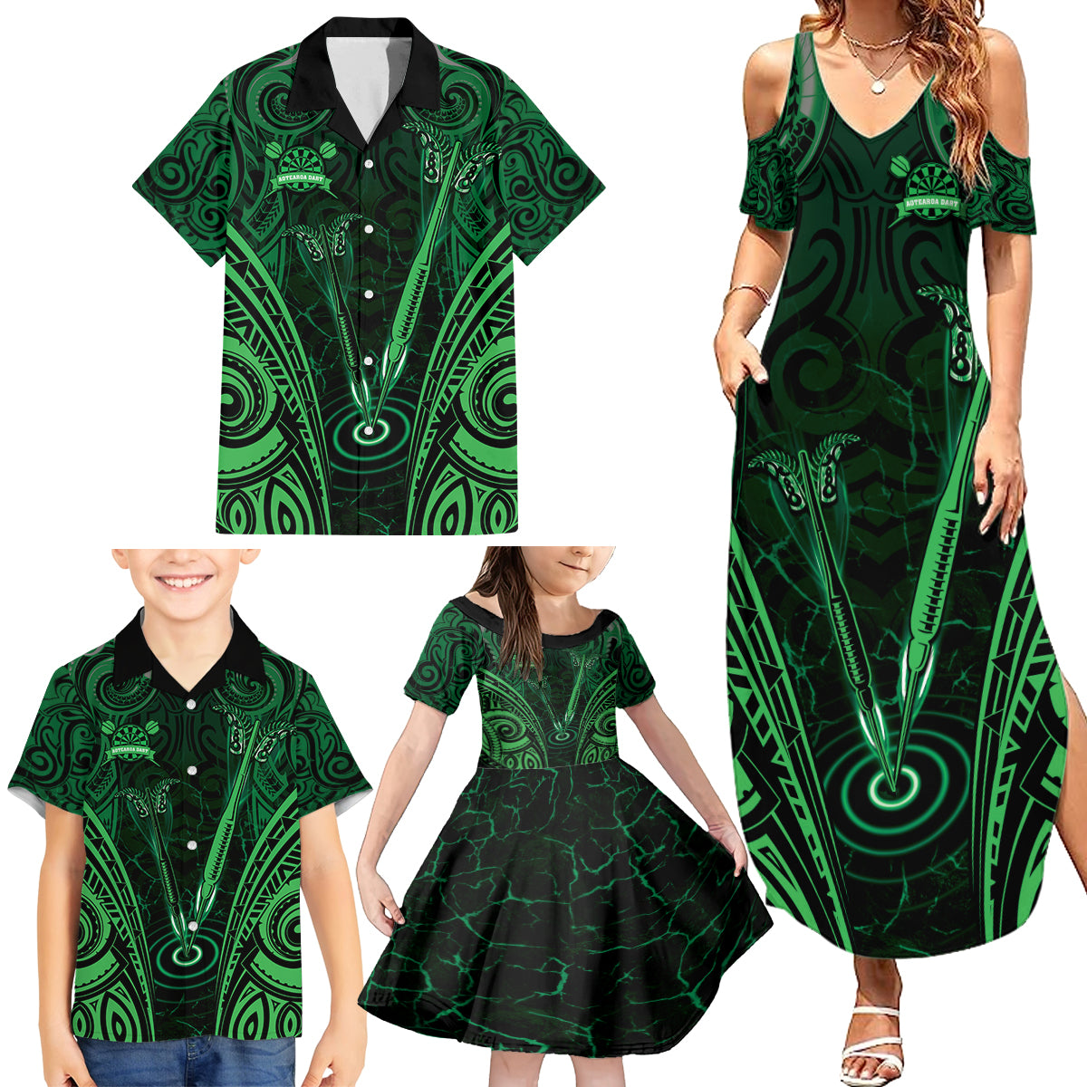 Personalised New Zealand Darts Family Matching Summer Maxi Dress and Hawaiian Shirt Green Dart Board Maori Pattern