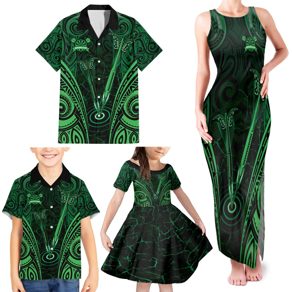 Personalised New Zealand Darts Family Matching Tank Maxi Dress and Hawaiian Shirt Green Dart Board Maori Pattern