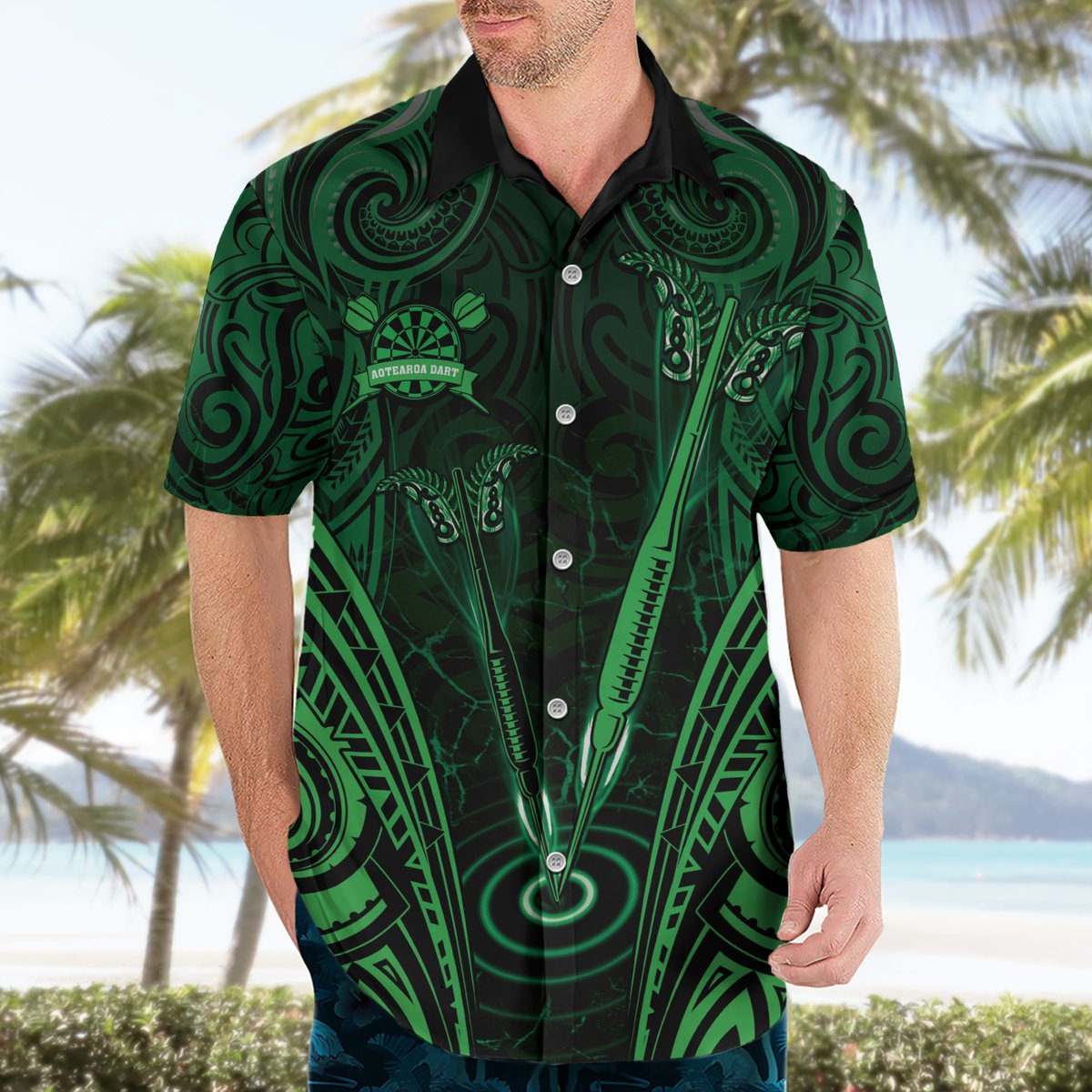 Personalised New Zealand Darts Hawaiian Shirt Green Dart Board Maori Pattern LT05 - Polynesian Pride