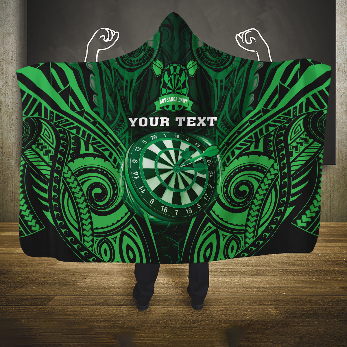 Personalised New Zealand Darts Hooded Blanket Green Dart Board Maori Pattern