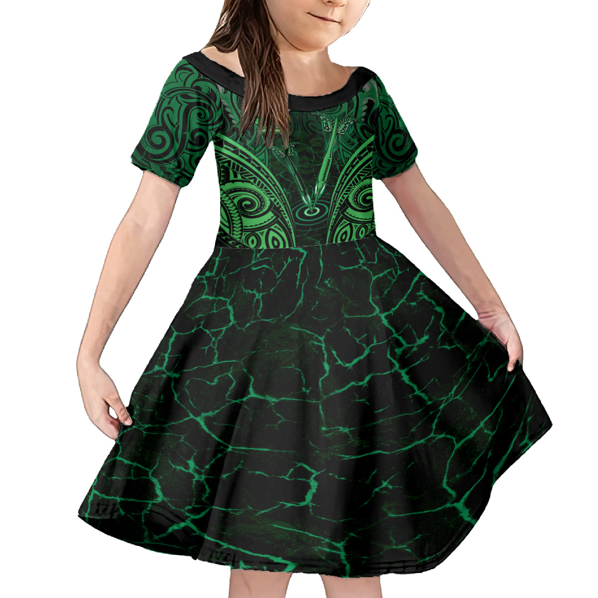 Personalised New Zealand Darts Kid Short Sleeve Dress Green Dart Board Maori Pattern