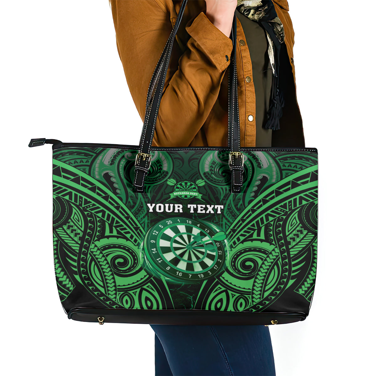 Personalised New Zealand Darts Leather Tote Bag Green Dart Board Maori Pattern LT05 - Polynesian Pride