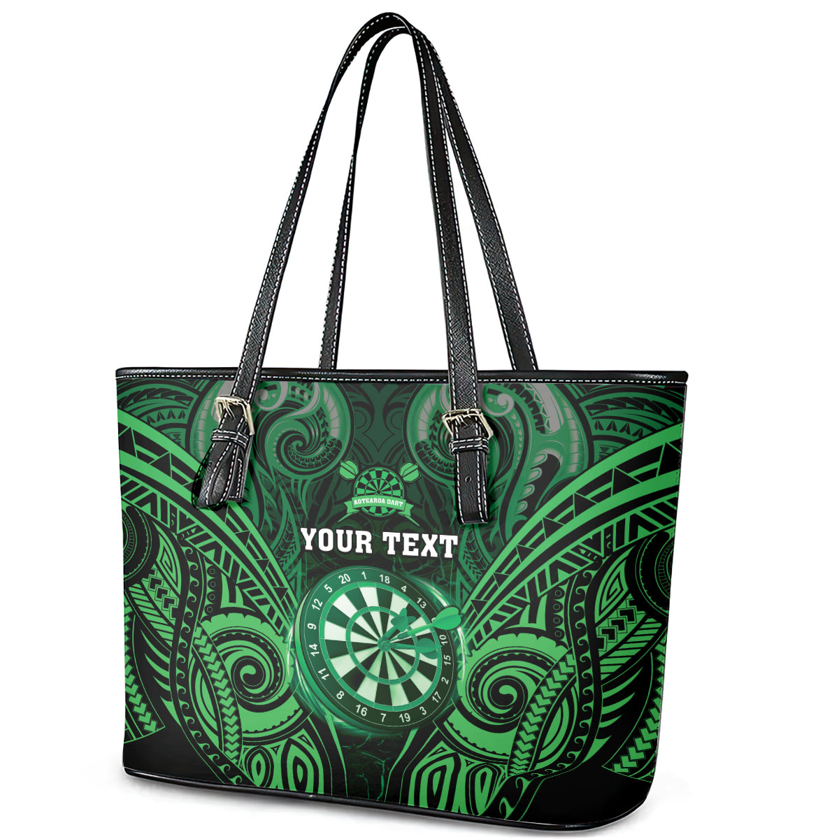 Personalised New Zealand Darts Leather Tote Bag Green Dart Board Maori Pattern LT05 - Polynesian Pride