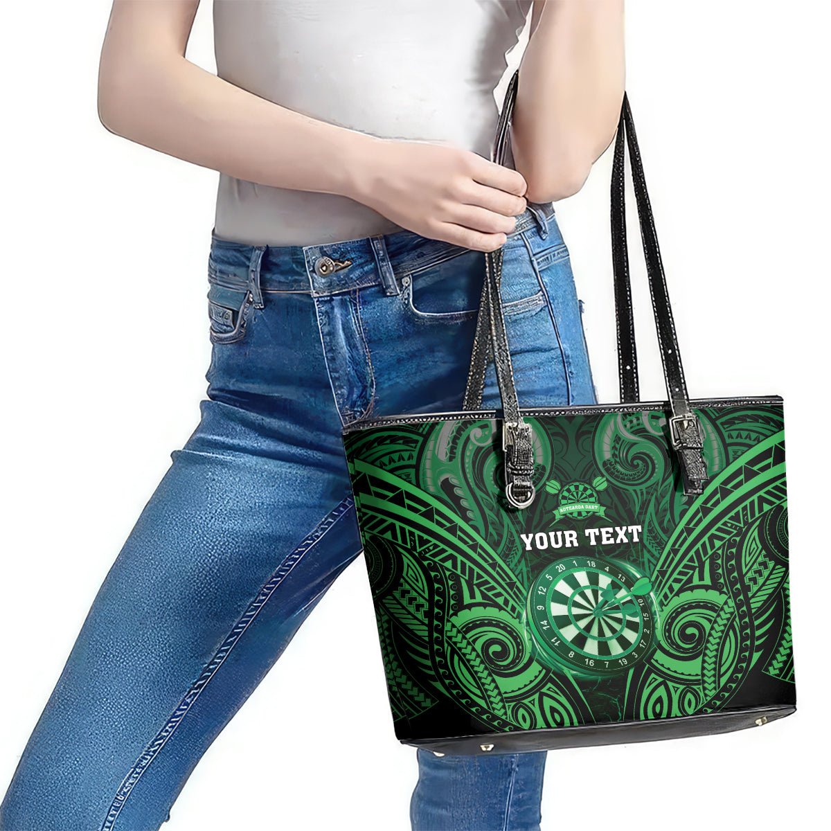 Personalised New Zealand Darts Leather Tote Bag Green Dart Board Maori Pattern LT05 - Polynesian Pride