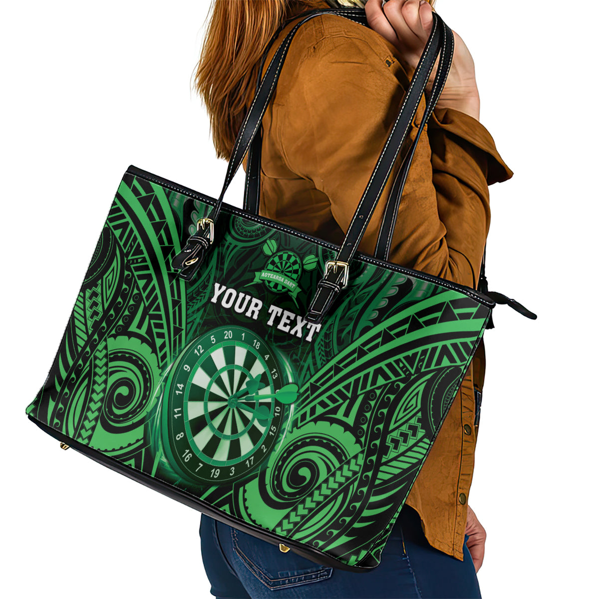 Personalised New Zealand Darts Leather Tote Bag Green Dart Board Maori Pattern LT05 - Polynesian Pride