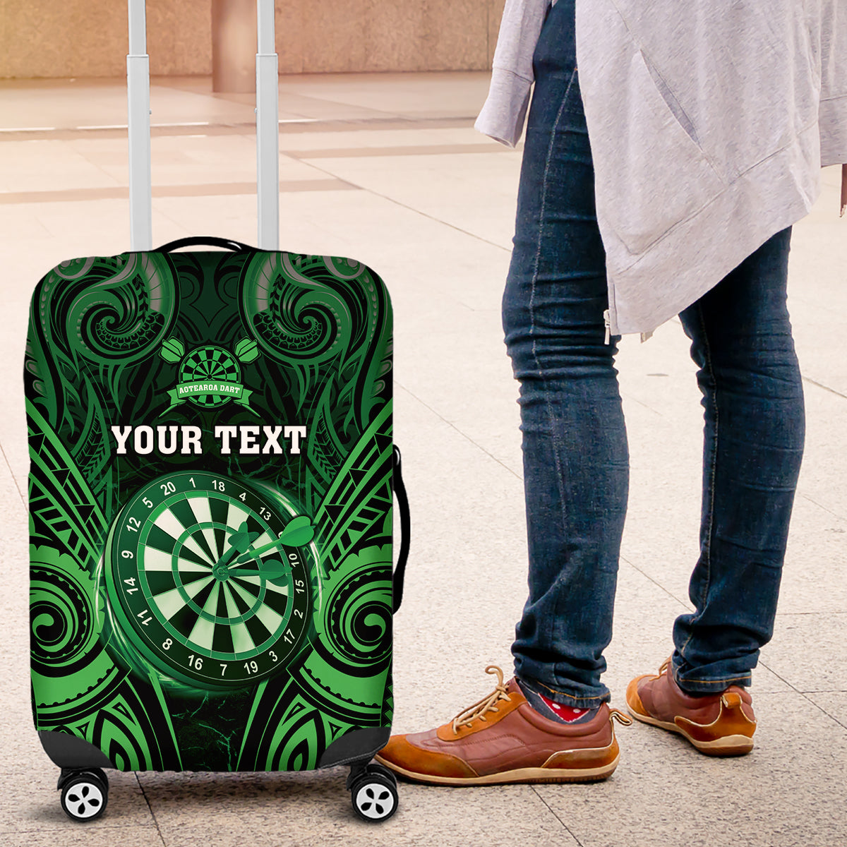 Personalised New Zealand Darts Luggage Cover Green Dart Board Maori Pattern