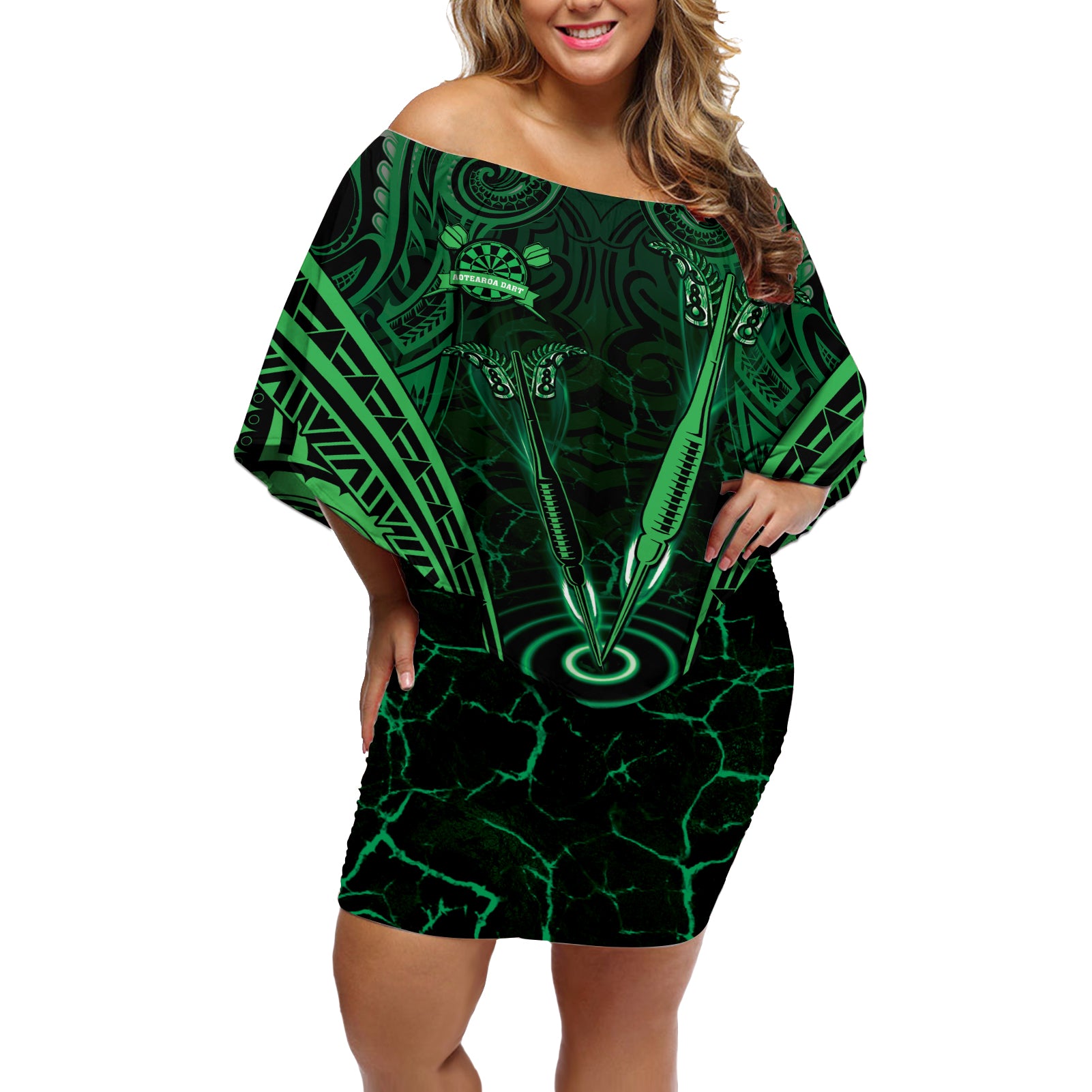 Personalised New Zealand Darts Off Shoulder Short Dress Green Dart Board Maori Pattern