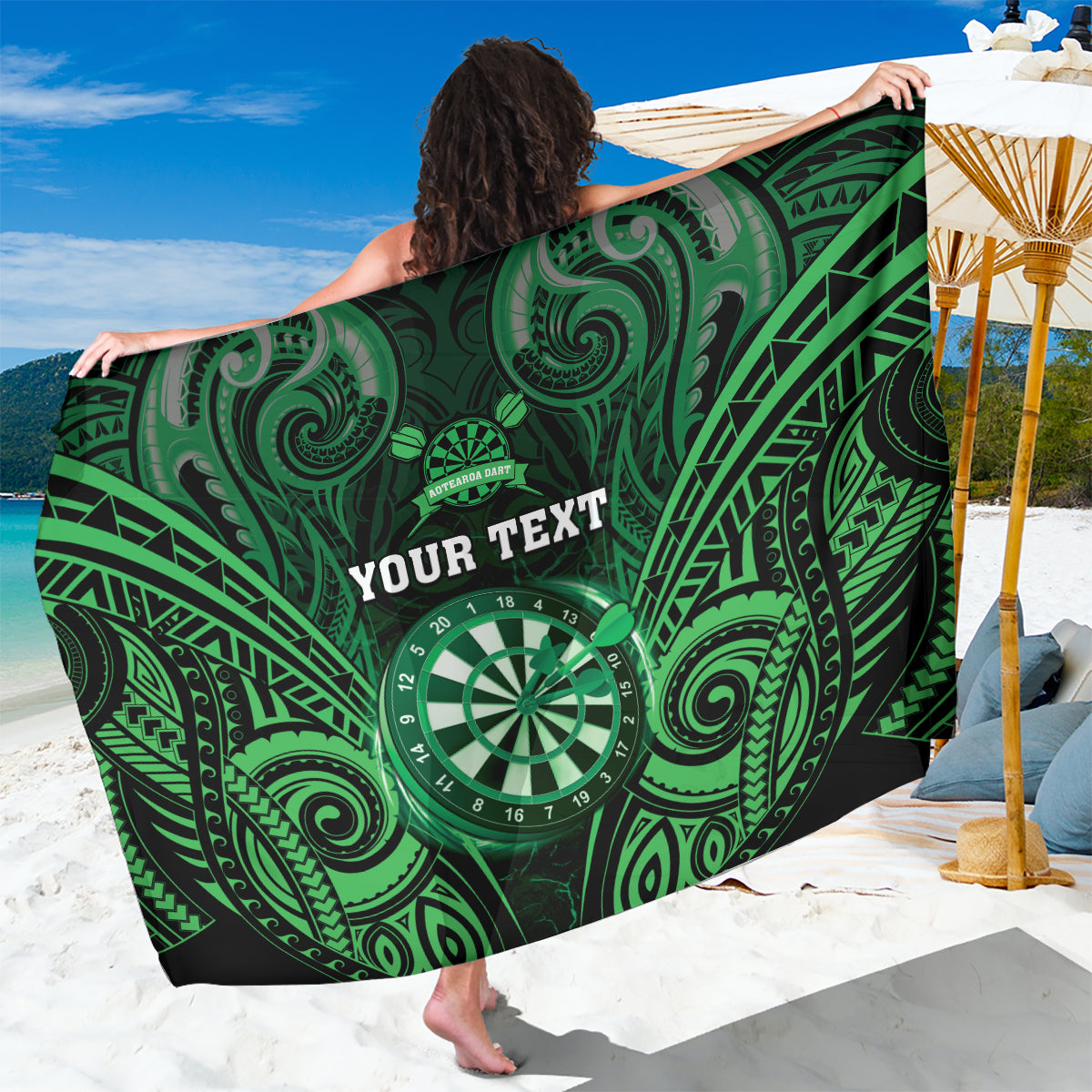 Personalised New Zealand Darts Sarong Green Dart Board Maori Pattern