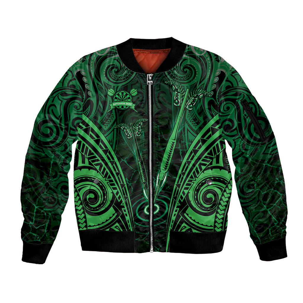 Personalised New Zealand Darts Sleeve Zip Bomber Jacket Green Dart Board Maori Pattern LT05 Unisex Green - Polynesian Pride