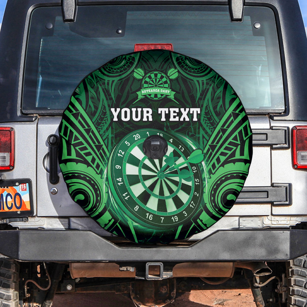 Personalised New Zealand Darts Spare Tire Cover Green Dart Board Maori Pattern