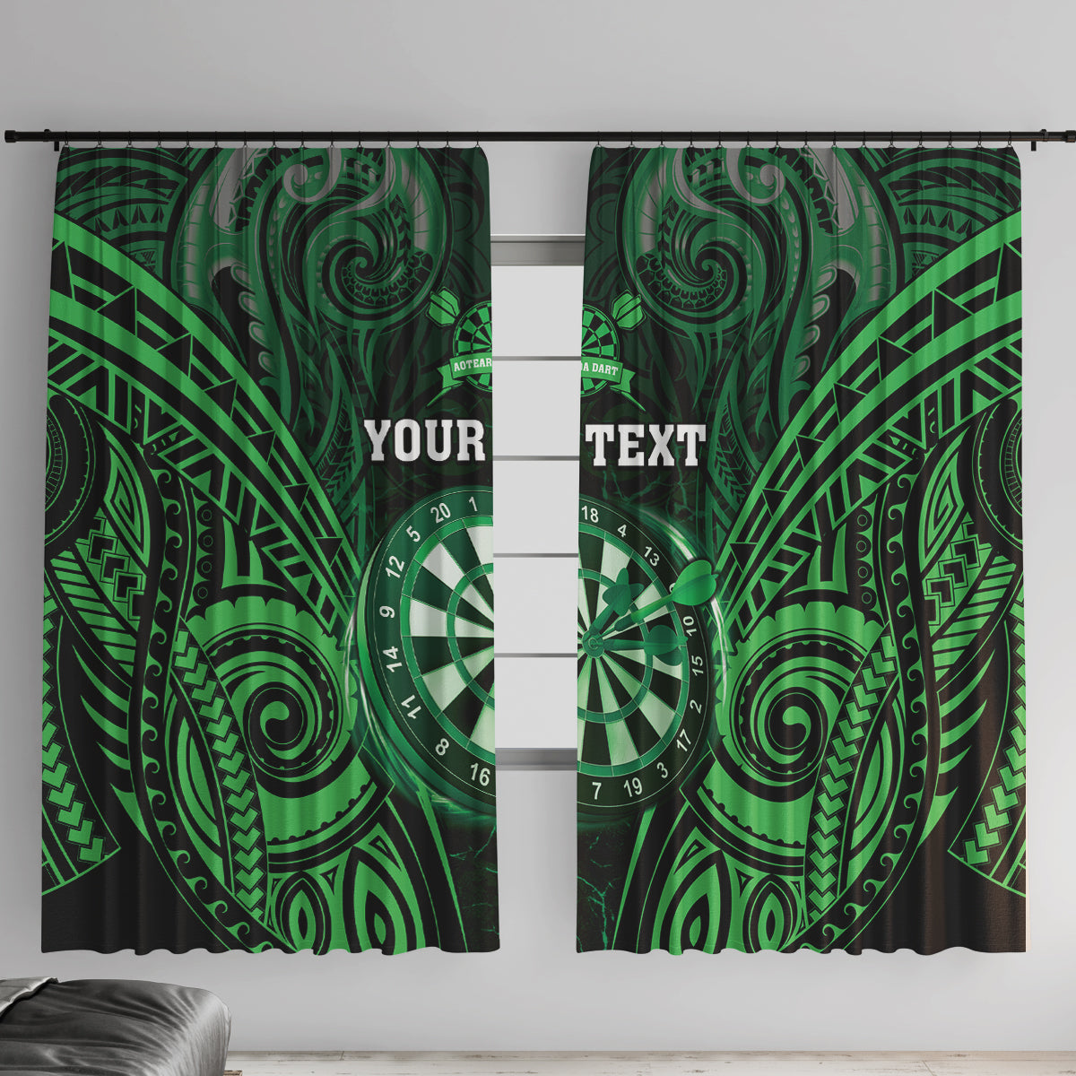 Personalised New Zealand Darts Window Curtain Green Dart Board Maori Pattern LT05 With Hooks Green - Polynesian Pride