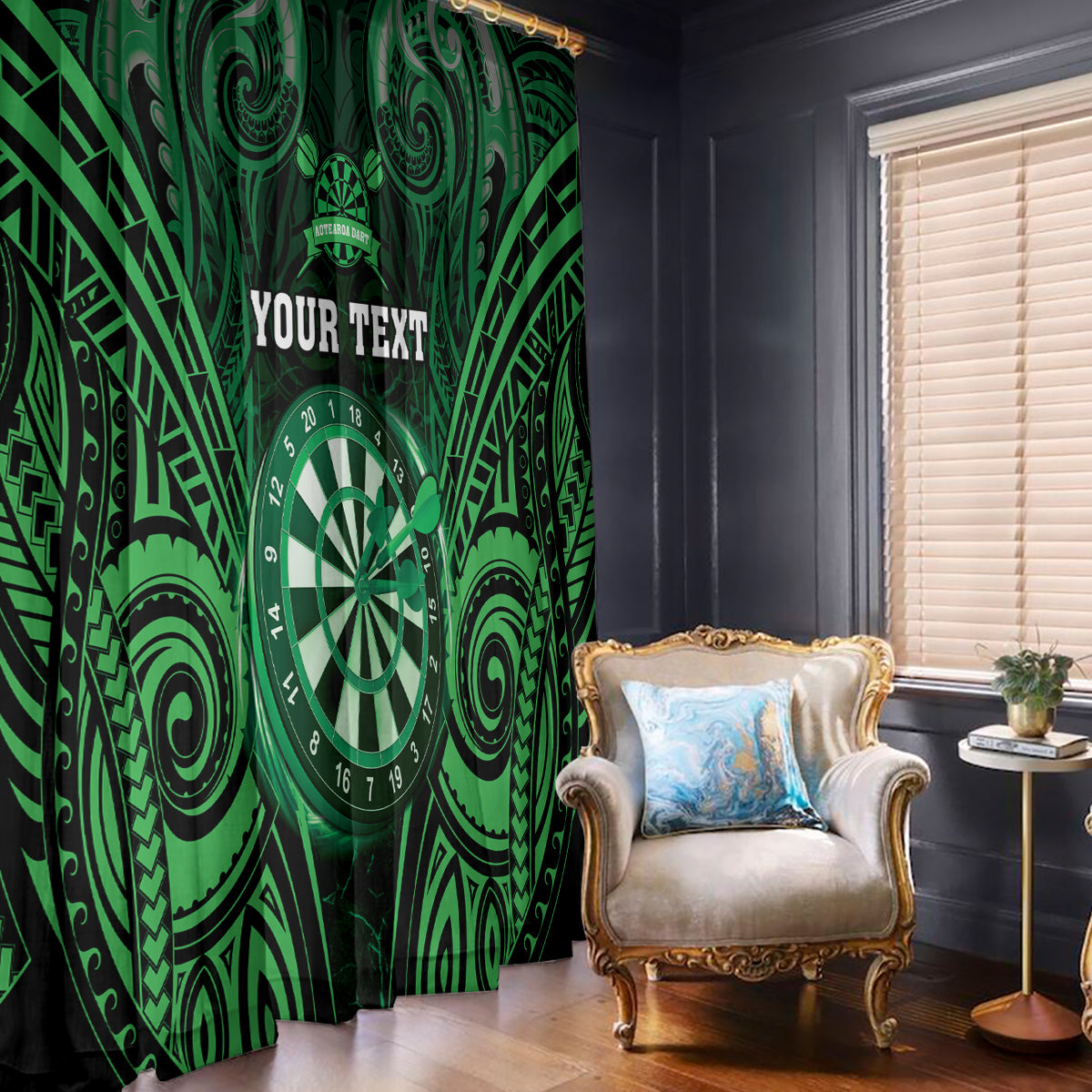 Personalised New Zealand Darts Window Curtain Green Dart Board Maori Pattern LT05 - Polynesian Pride
