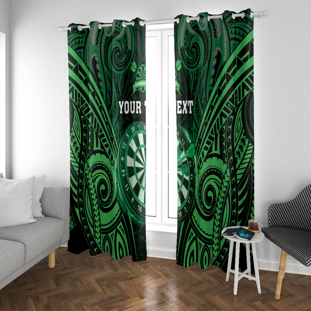 Personalised New Zealand Darts Window Curtain Green Dart Board Maori Pattern LT05 With Grommets Green - Polynesian Pride