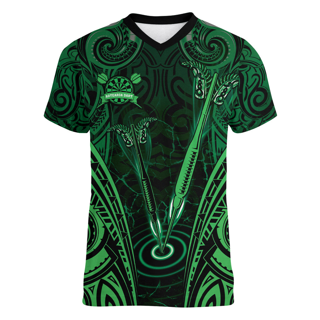 Personalised New Zealand Darts Women V-Neck T-Shirt Green Dart Board Maori Pattern