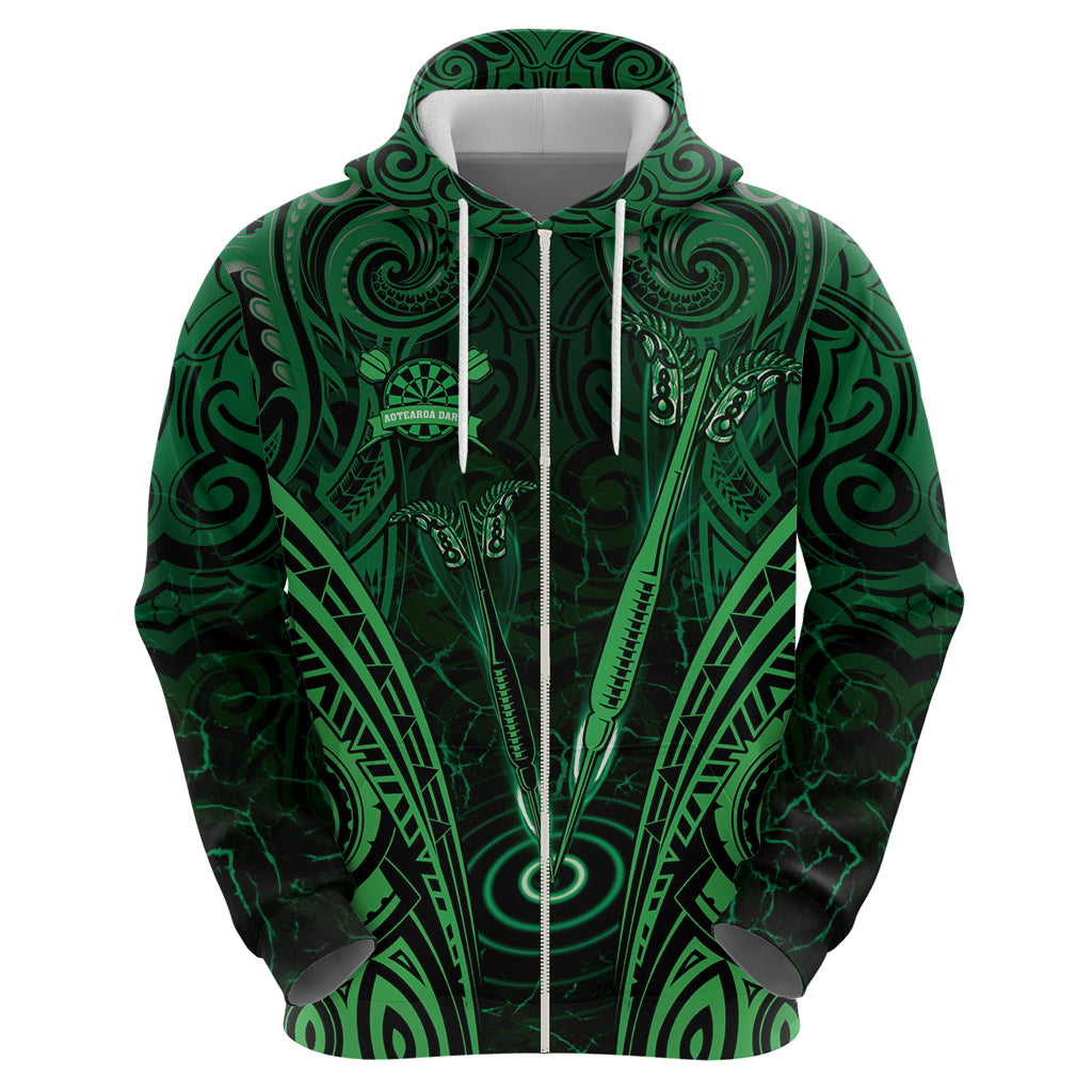 Personalised New Zealand Darts Zip Hoodie Green Dart Board Maori Pattern