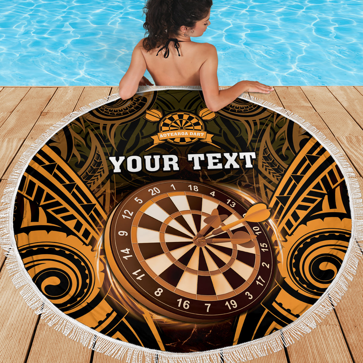 Personalised New Zealand Darts Beach Blanket Gold Dart Board Maori Pattern LT05 - Polynesian Pride