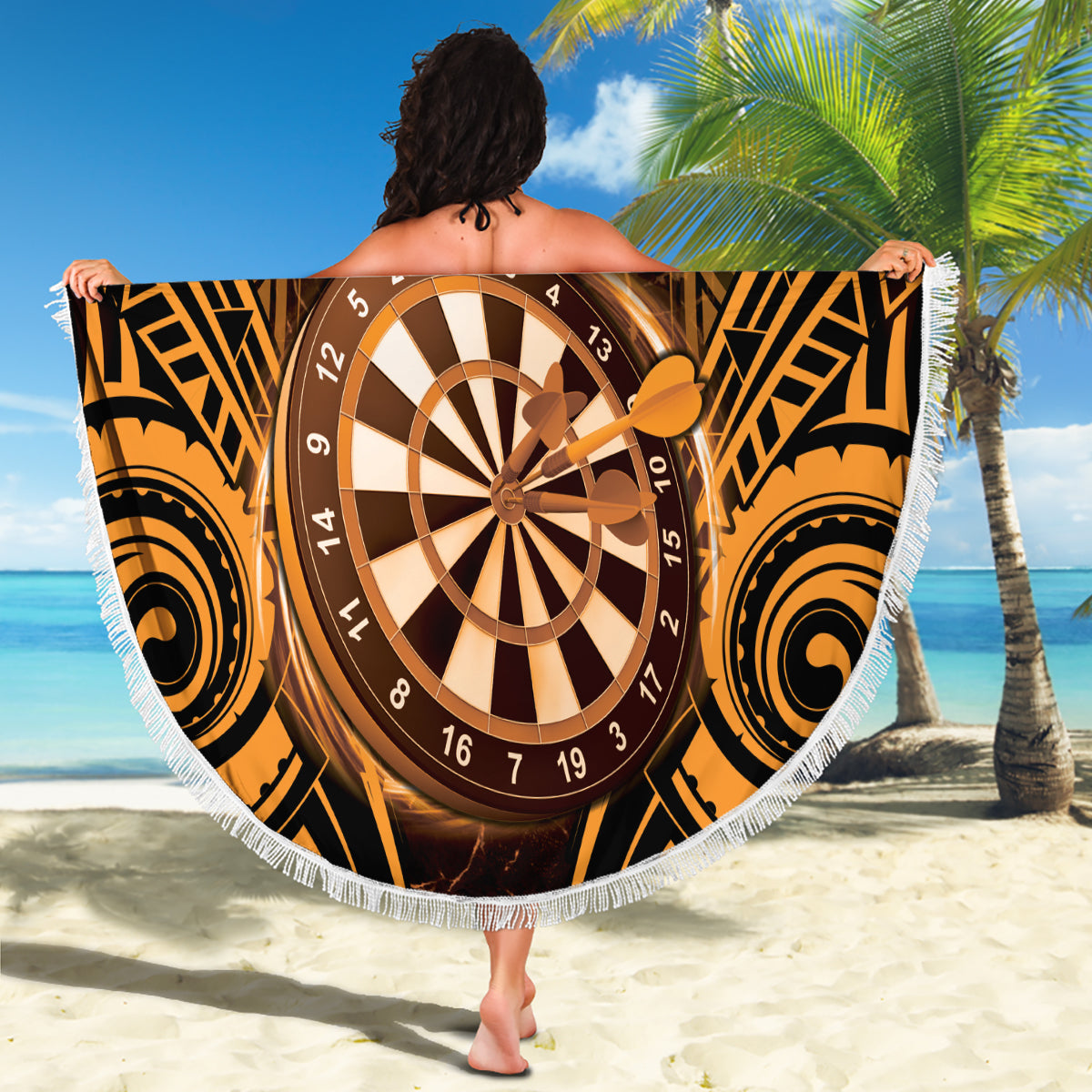 Personalised New Zealand Darts Beach Blanket Gold Dart Board Maori Pattern LT05 - Polynesian Pride