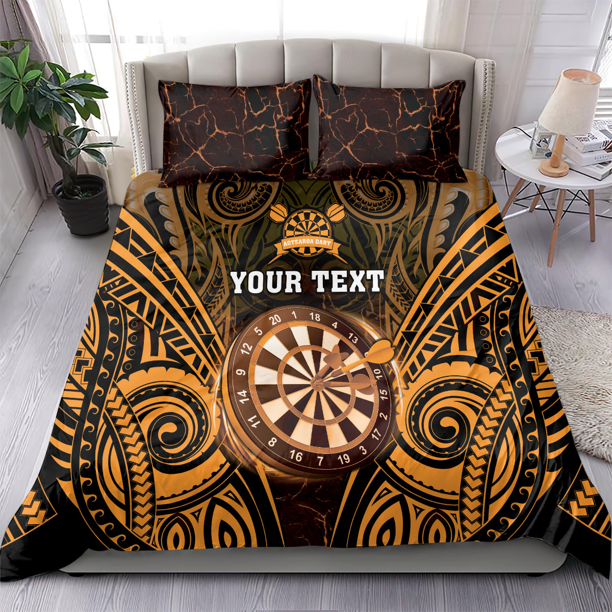 Personalised New Zealand Darts Bedding Set Gold Dart Board Maori Pattern