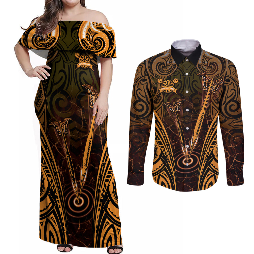 Personalised New Zealand Darts Couples Matching Off Shoulder Maxi Dress and Long Sleeve Button Shirt Gold Dart Board Maori Pattern