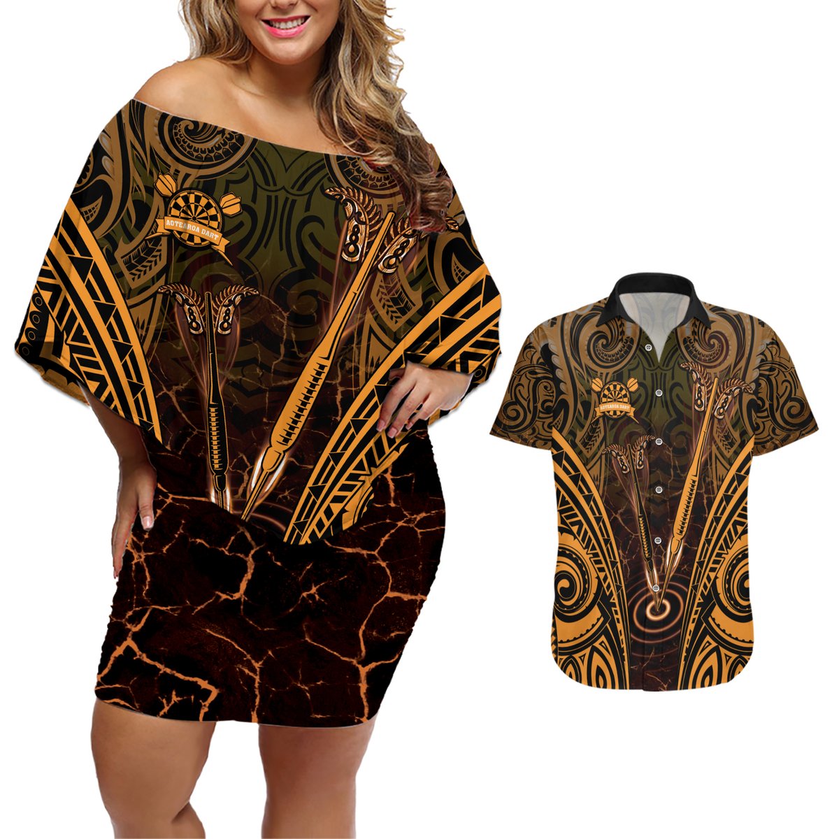Personalised New Zealand Darts Couples Matching Off Shoulder Short Dress and Hawaiian Shirt Gold Dart Board Maori Pattern LT05 Gold - Polynesian Pride