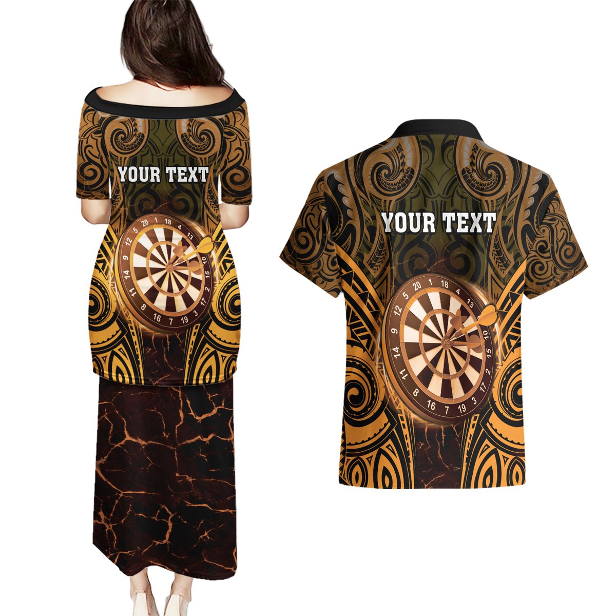 Personalised New Zealand Darts Couples Matching Puletasi and Hawaiian Shirt Gold Dart Board Maori Pattern LT05 - Polynesian Pride