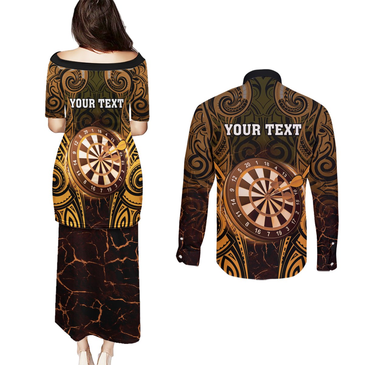 Personalised New Zealand Darts Couples Matching Puletasi and Long Sleeve Button Shirt Gold Dart Board Maori Pattern LT05 - Polynesian Pride