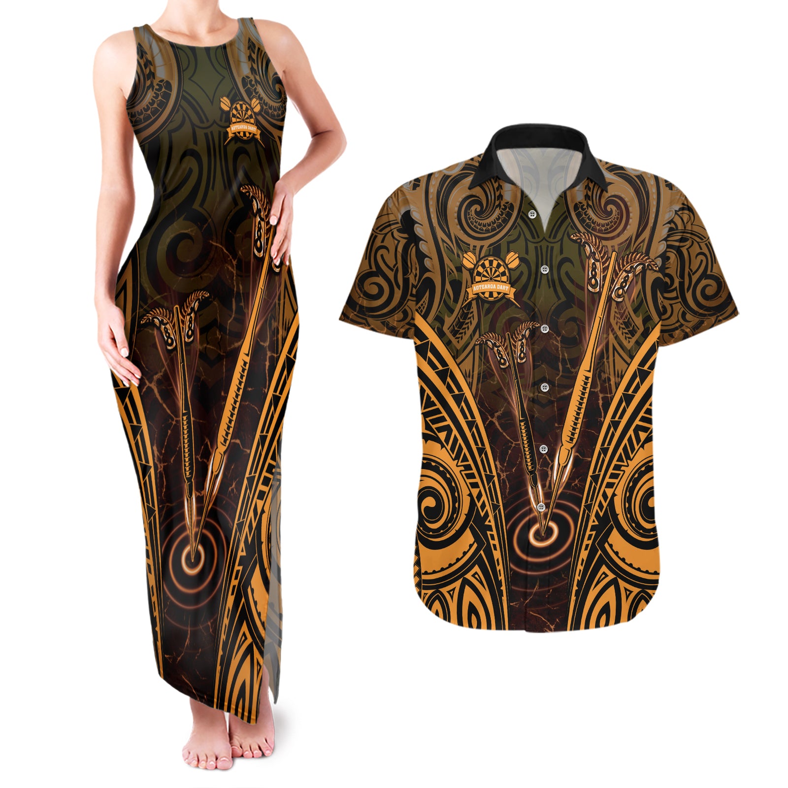 Personalised New Zealand Darts Couples Matching Tank Maxi Dress and Hawaiian Shirt Gold Dart Board Maori Pattern LT05 Gold - Polynesian Pride