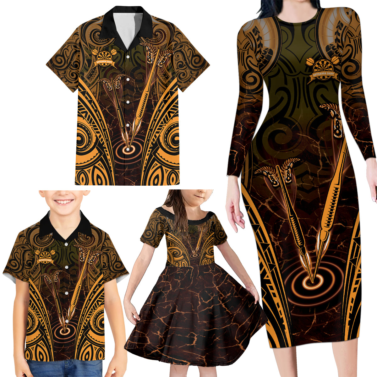 Personalised New Zealand Darts Family Matching Long Sleeve Bodycon Dress and Hawaiian Shirt Gold Dart Board Maori Pattern LT05 - Polynesian Pride