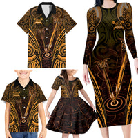 Personalised New Zealand Darts Family Matching Long Sleeve Bodycon Dress and Hawaiian Shirt Gold Dart Board Maori Pattern
