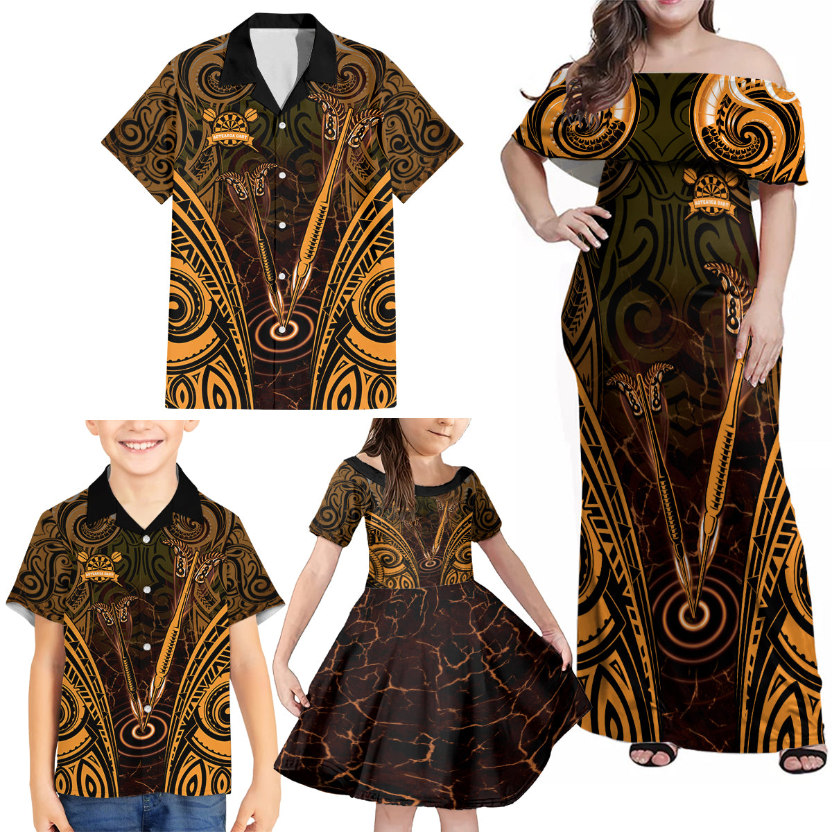 Personalised New Zealand Darts Family Matching Off Shoulder Maxi Dress and Hawaiian Shirt Gold Dart Board Maori Pattern LT05 - Polynesian Pride