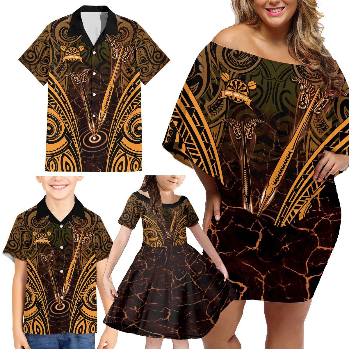 Personalised New Zealand Darts Family Matching Off Shoulder Short Dress and Hawaiian Shirt Gold Dart Board Maori Pattern