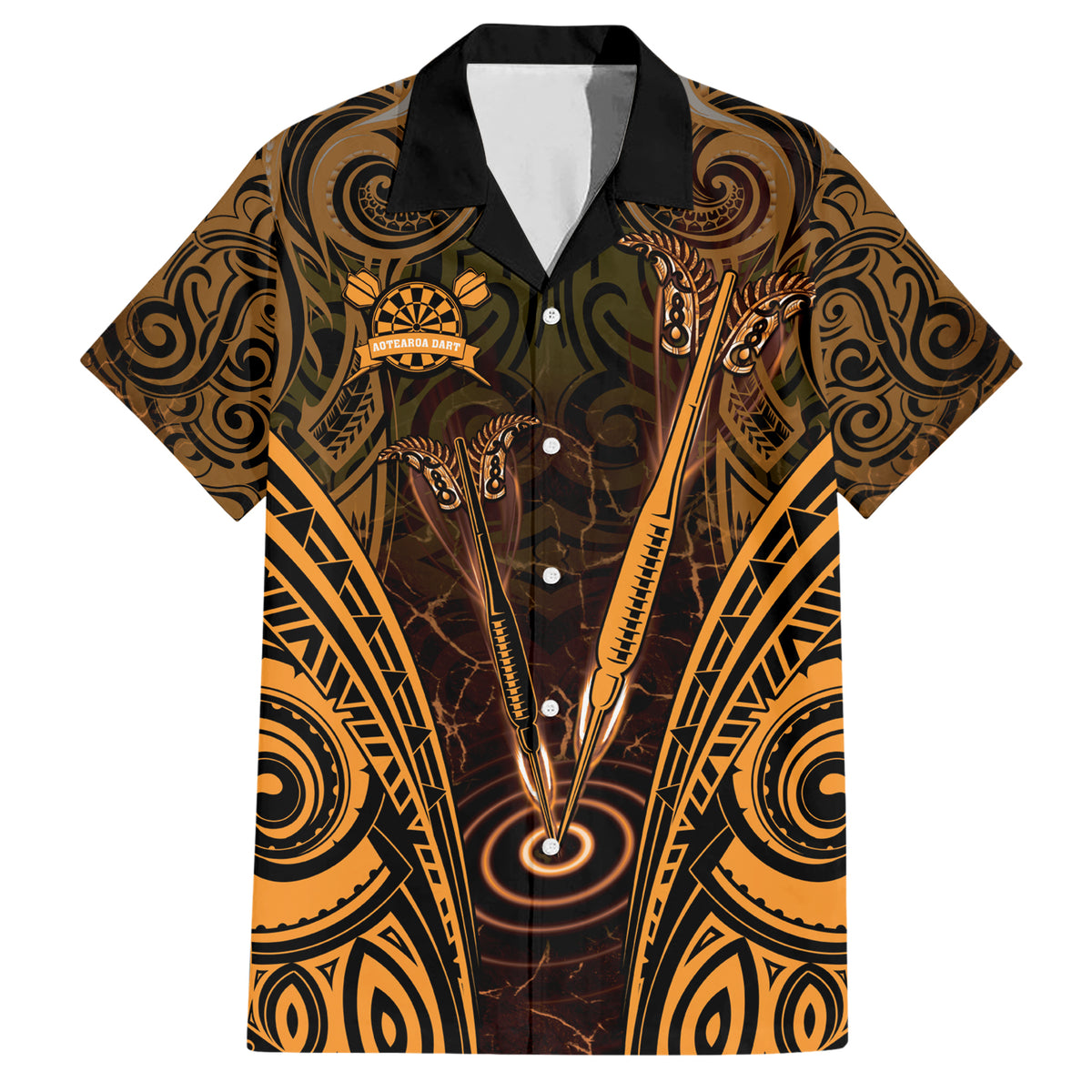 Personalised New Zealand Darts Family Matching Short Sleeve Bodycon Dress and Hawaiian Shirt Gold Dart Board Maori Pattern