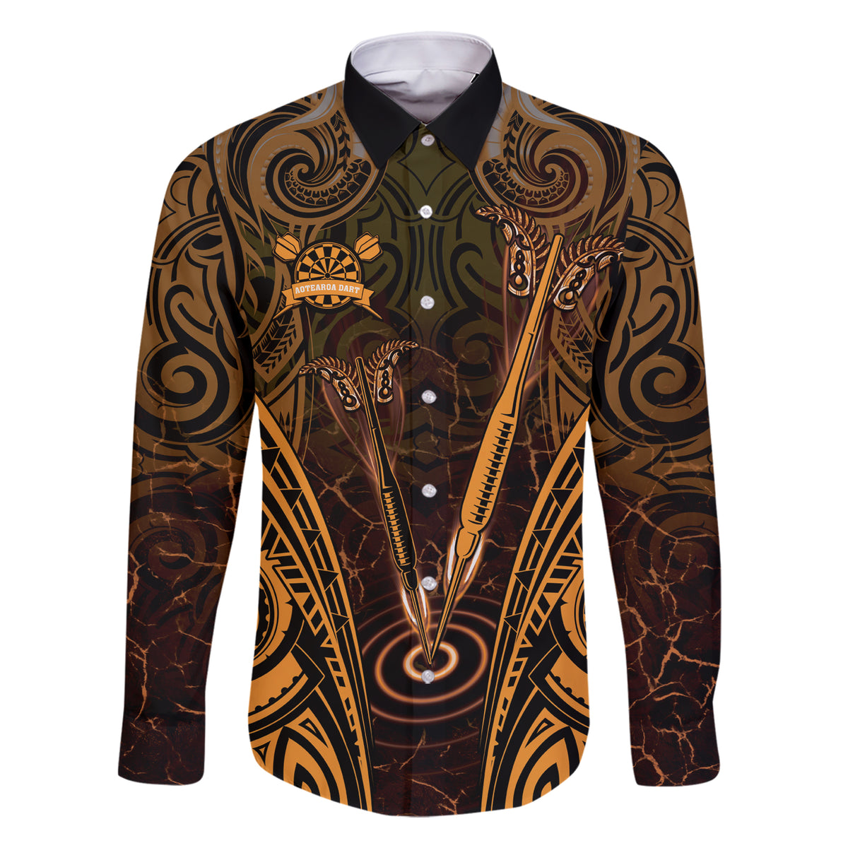 Personalised New Zealand Darts Family Matching Short Sleeve Bodycon Dress and Hawaiian Shirt Gold Dart Board Maori Pattern