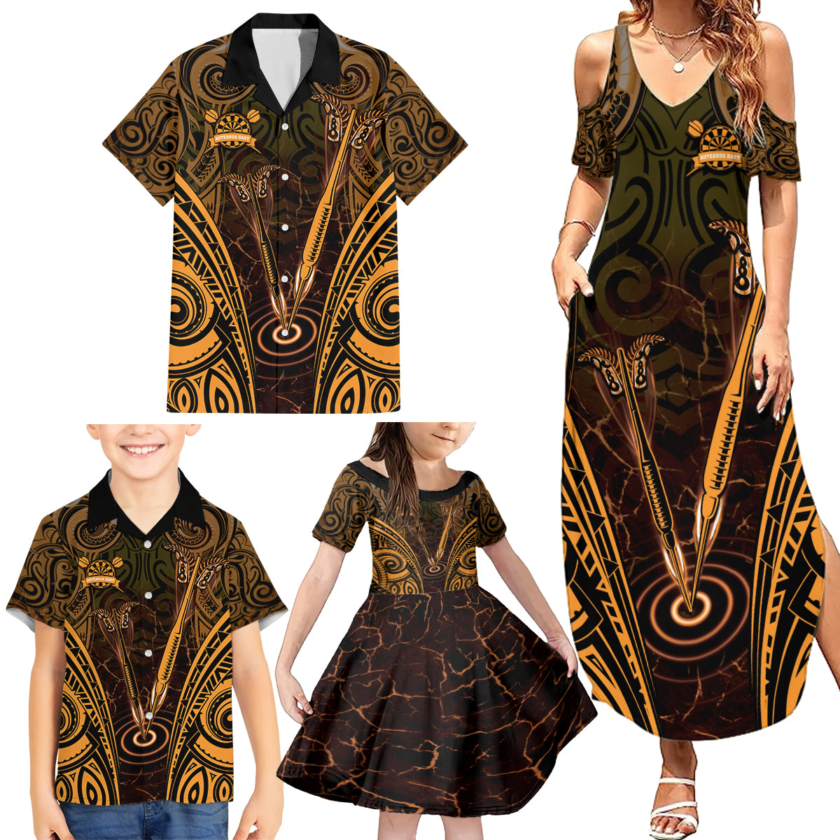 Personalised New Zealand Darts Family Matching Summer Maxi Dress and Hawaiian Shirt Gold Dart Board Maori Pattern