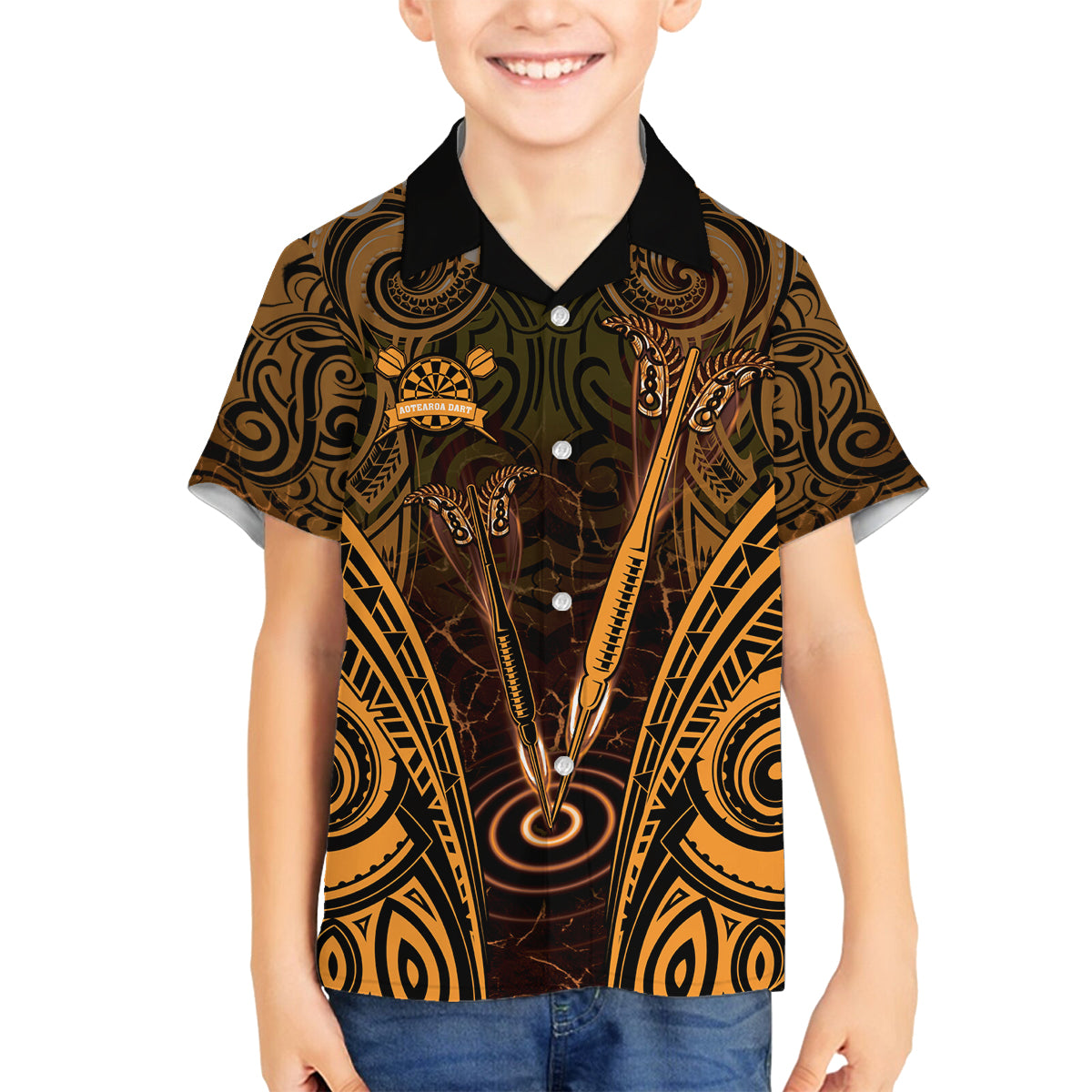 Personalised New Zealand Darts Family Matching Summer Maxi Dress and Hawaiian Shirt Gold Dart Board Maori Pattern LT05 Son's Shirt Gold - Polynesian Pride