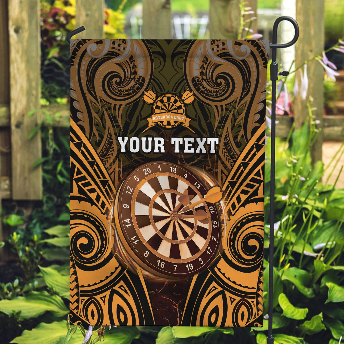 Personalised New Zealand Darts Garden Flag Gold Dart Board Maori Pattern LT05 Garden Flag Gold - Polynesian Pride
