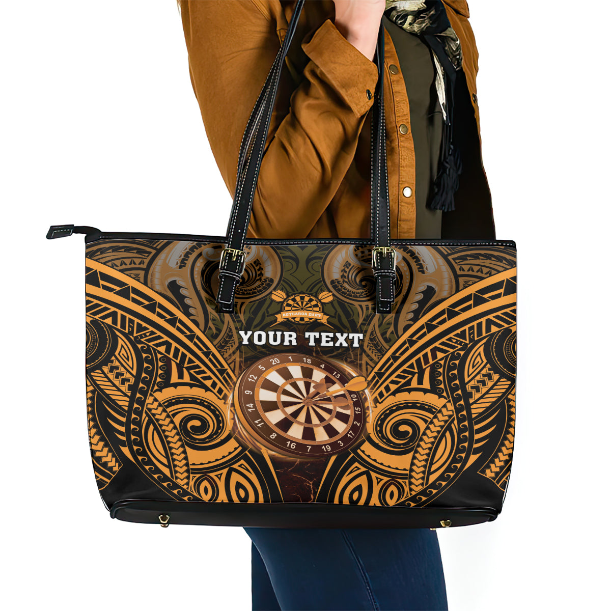 Personalised New Zealand Darts Leather Tote Bag Gold Dart Board Maori Pattern LT05 - Polynesian Pride