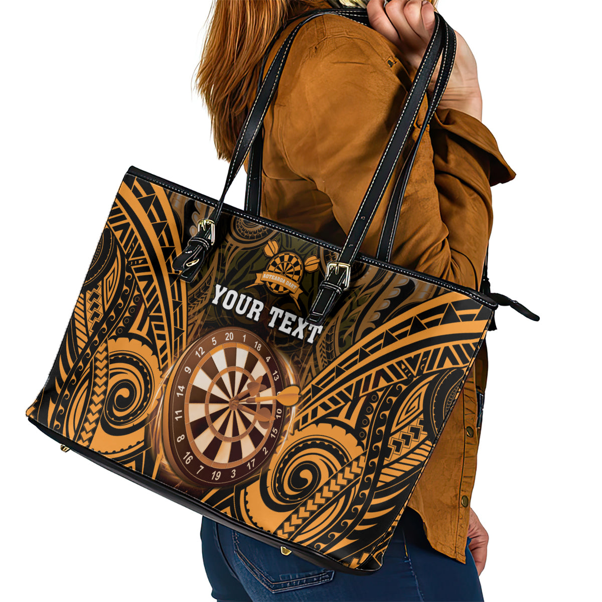 Personalised New Zealand Darts Leather Tote Bag Gold Dart Board Maori Pattern LT05 - Polynesian Pride