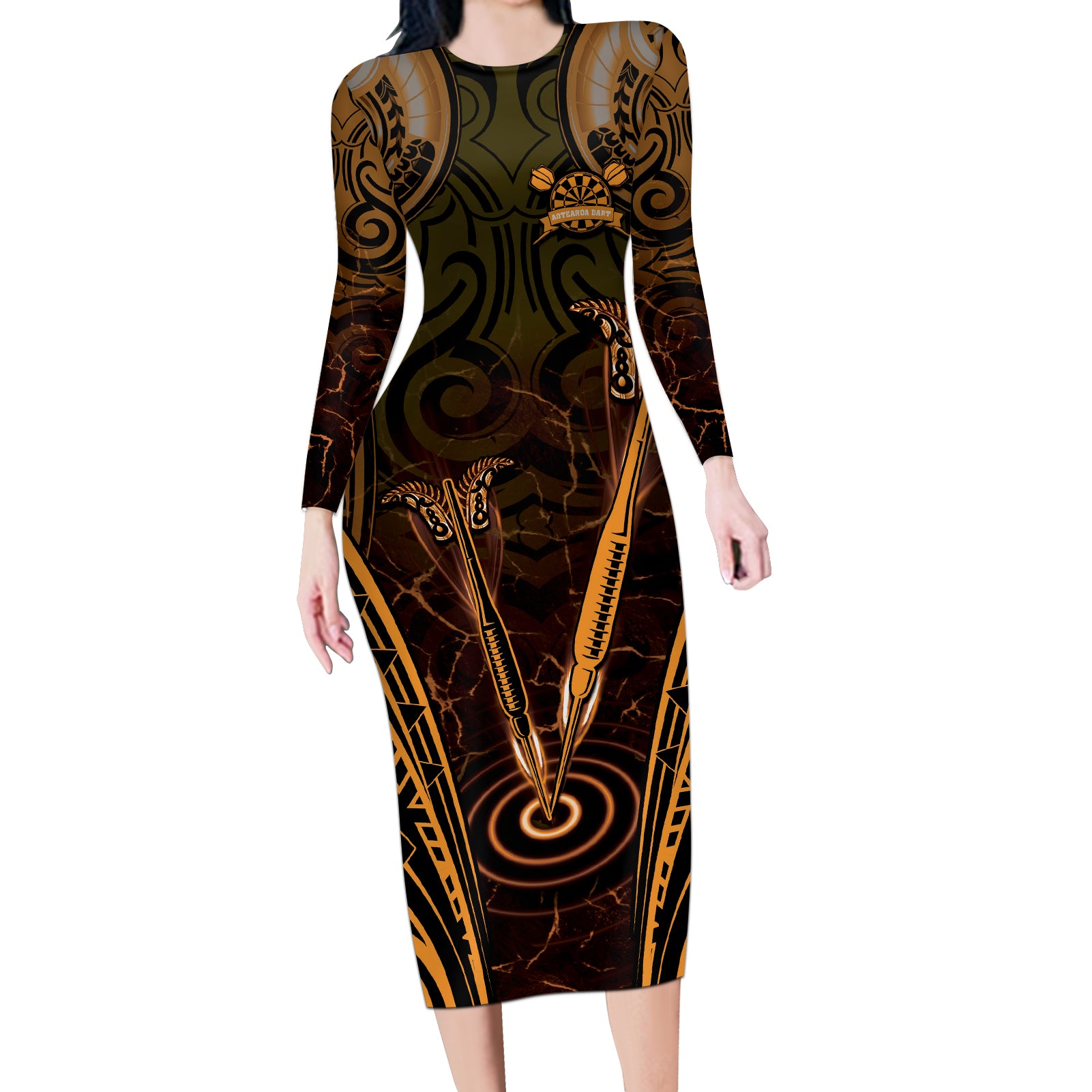 Personalised New Zealand Darts Long Sleeve Bodycon Dress Gold Dart Board Maori Pattern