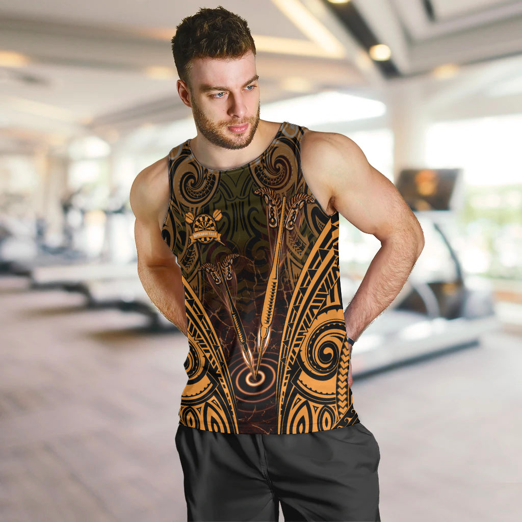 Personalised New Zealand Darts Men Tank Top Gold Dart Board Maori Pattern LT05 Gold - Polynesian Pride