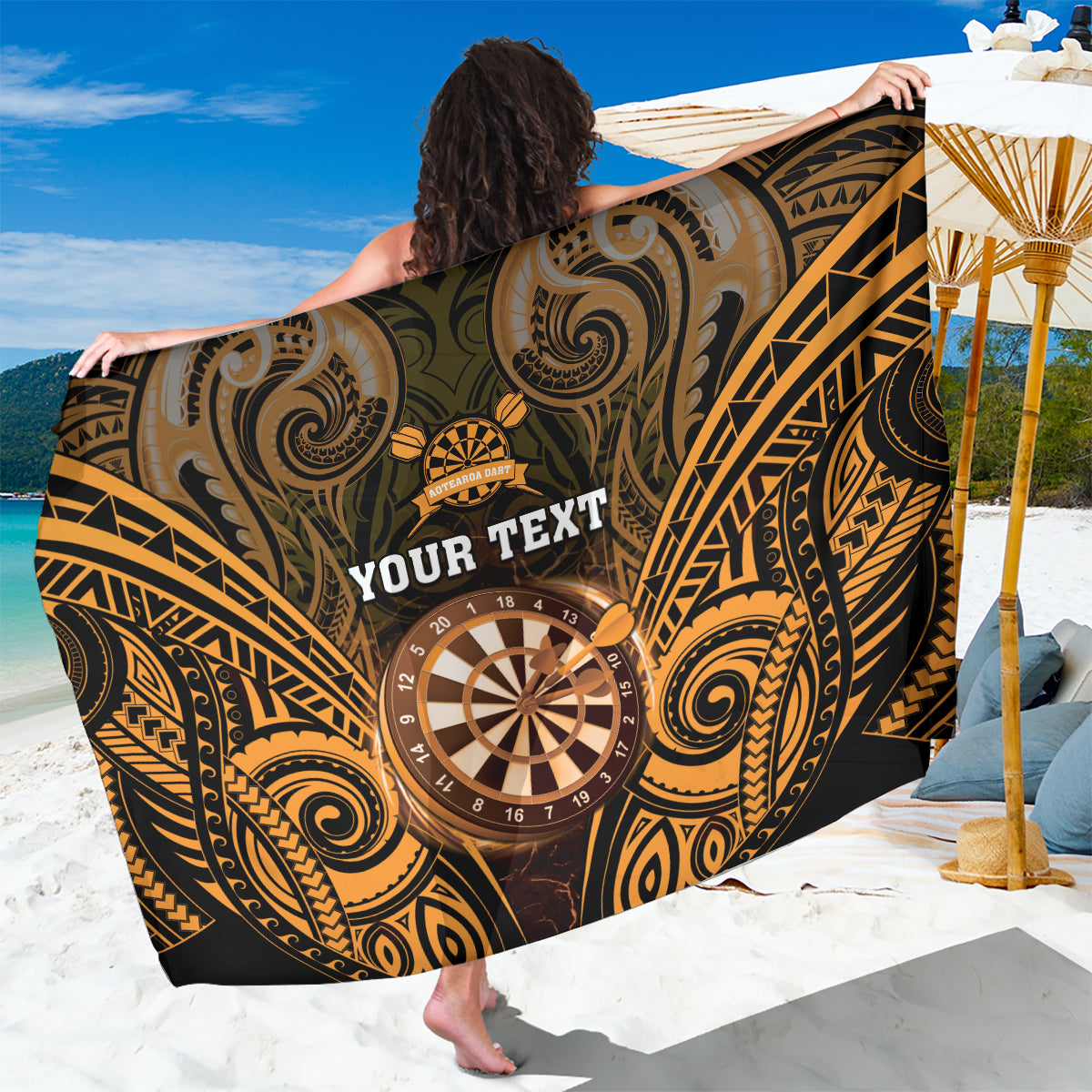 Personalised New Zealand Darts Sarong Gold Dart Board Maori Pattern