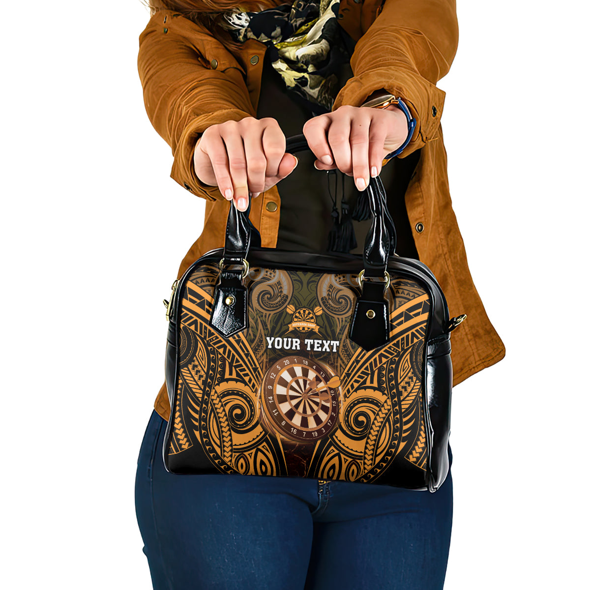 Personalised New Zealand Darts Shoulder Handbag Gold Dart Board Maori Pattern