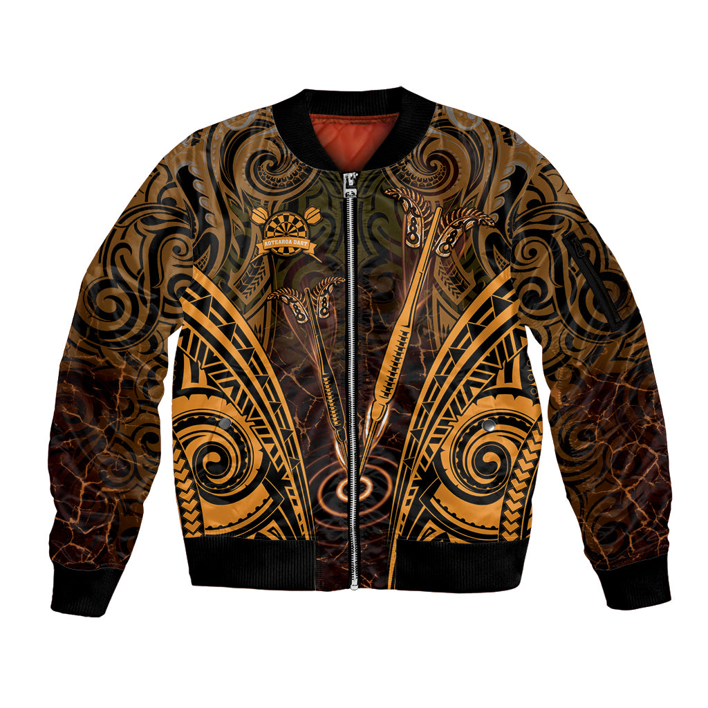 Personalised New Zealand Darts Sleeve Zip Bomber Jacket Gold Dart Board Maori Pattern LT05 Unisex Gold - Polynesian Pride