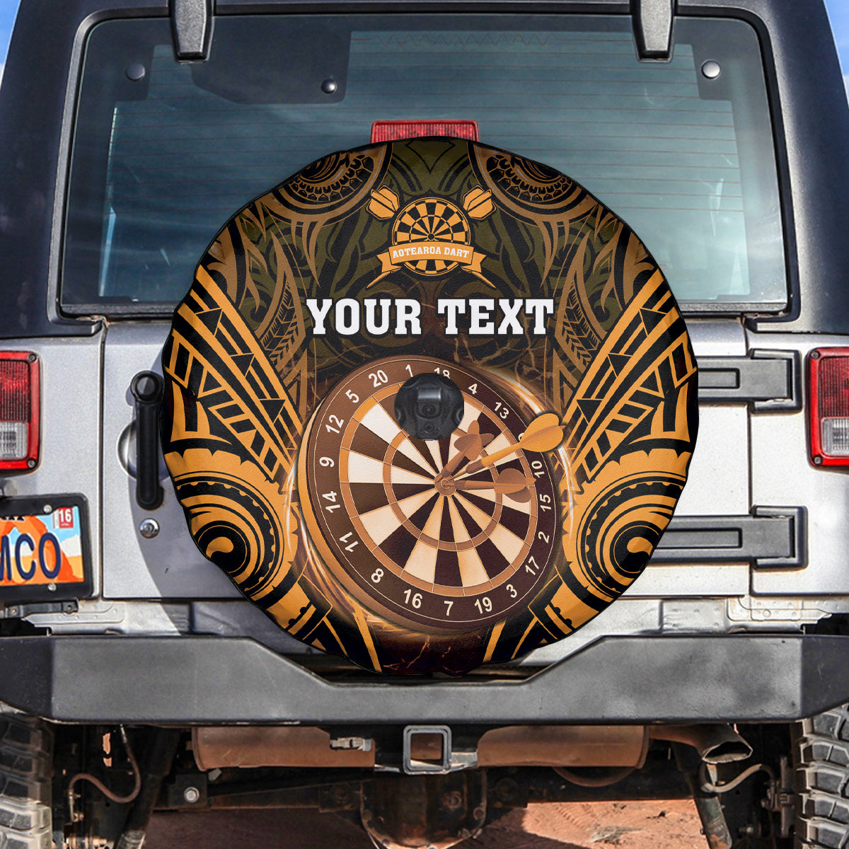 Personalised New Zealand Darts Spare Tire Cover Gold Dart Board Maori Pattern