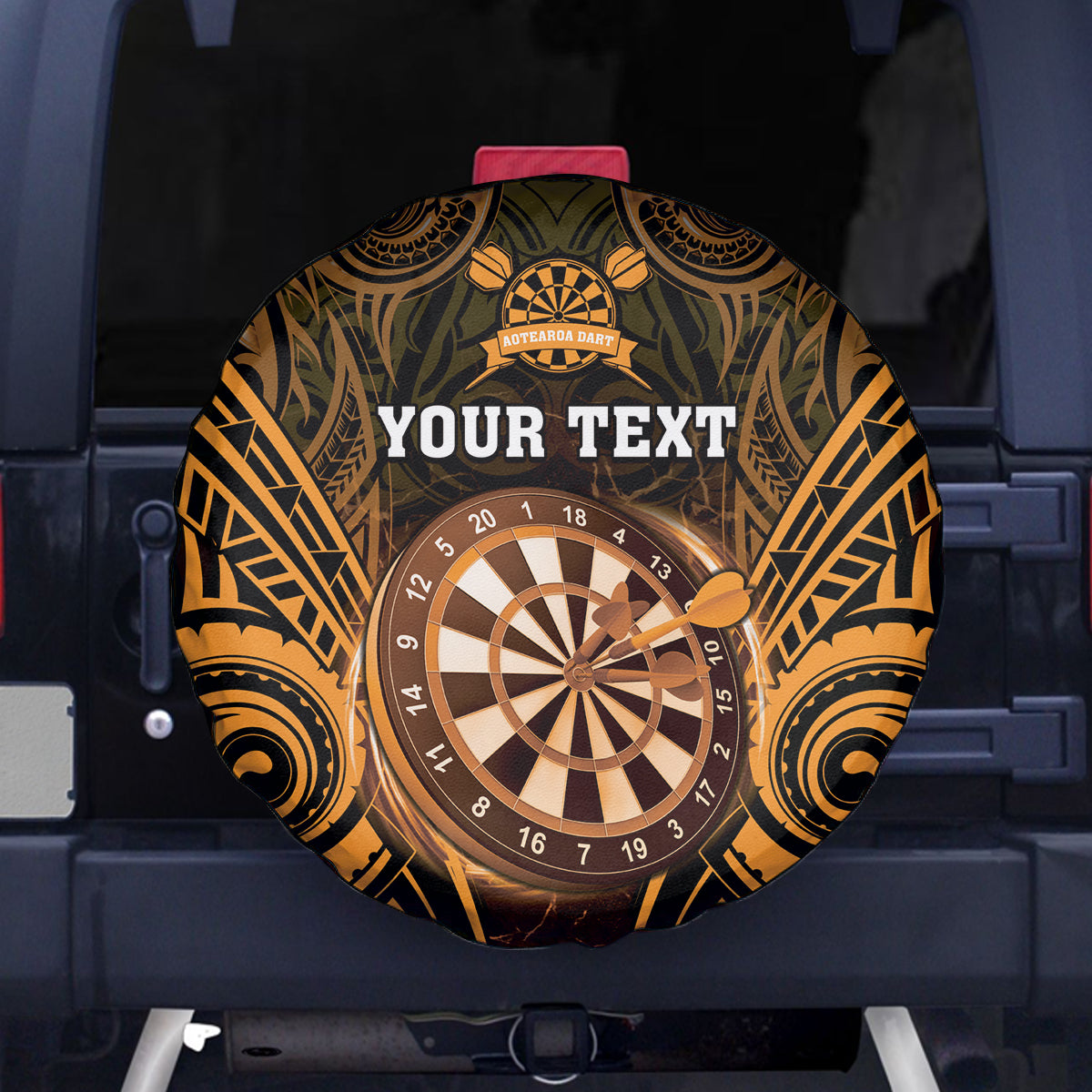 Personalised New Zealand Darts Spare Tire Cover Gold Dart Board Maori Pattern LT05 - Polynesian Pride