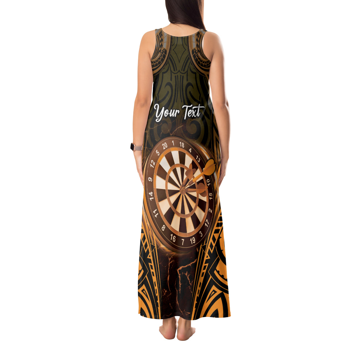 Personalised New Zealand Darts Tank Maxi Dress Gold Dart Board Maori Pattern